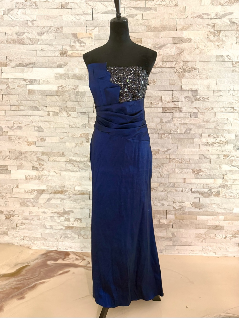 Betsy & Adam Navy Blue Strapless Sequin Bodice Gown with train